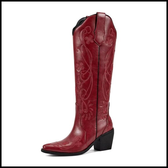 Shoes - Knee High Cowboy Boots Floral Embroidered Chunky Heel Vintage Western